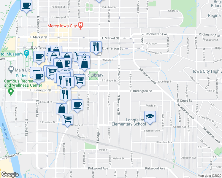 map of restaurants, bars, coffee shops, grocery stores, and more near 230 South Lucas Street in Iowa City
