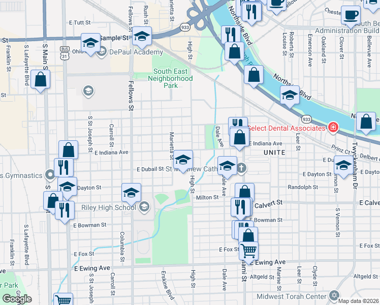 map of restaurants, bars, coffee shops, grocery stores, and more near 732 East Indiana Avenue in South Bend
