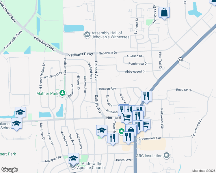 map of restaurants, bars, coffee shops, grocery stores, and more near 48 Beacon Avenue in Romeoville