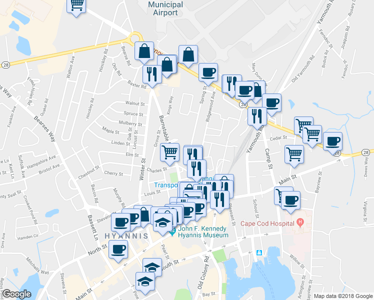 map of restaurants, bars, coffee shops, grocery stores, and more near 46 Spring Street in Barnstable
