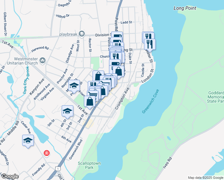 map of restaurants, bars, coffee shops, grocery stores, and more near 442 Main Street in East Greenwich
