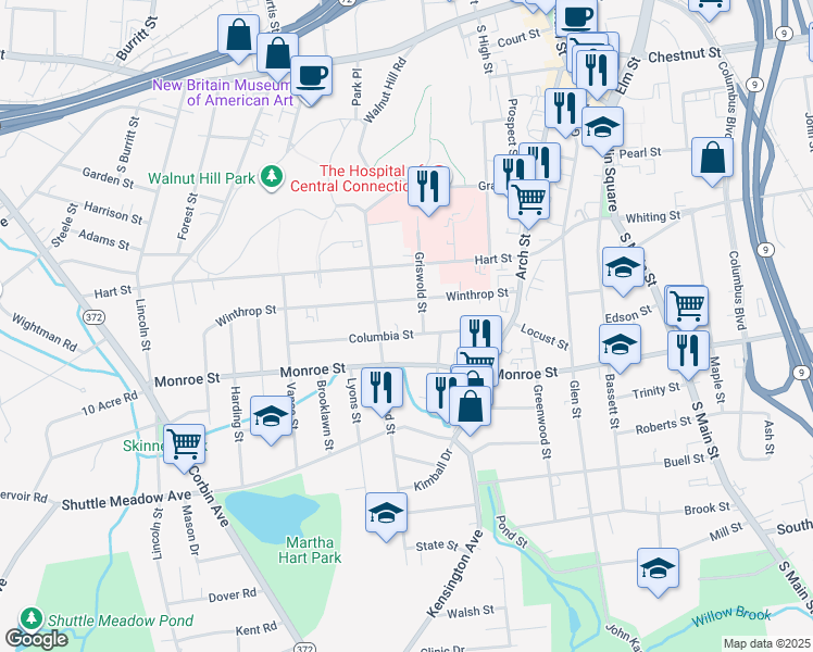 map of restaurants, bars, coffee shops, grocery stores, and more near 95 Columbia Street in New Britain