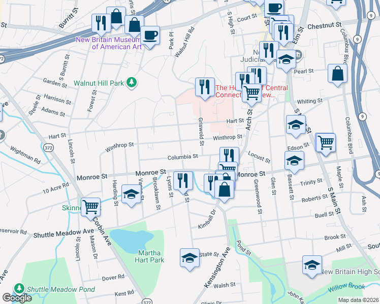 map of restaurants, bars, coffee shops, grocery stores, and more near 111 Linwood Street in New Britain