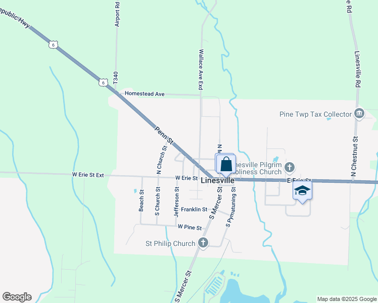 map of restaurants, bars, coffee shops, grocery stores, and more near 412 Penn Street in Linesville