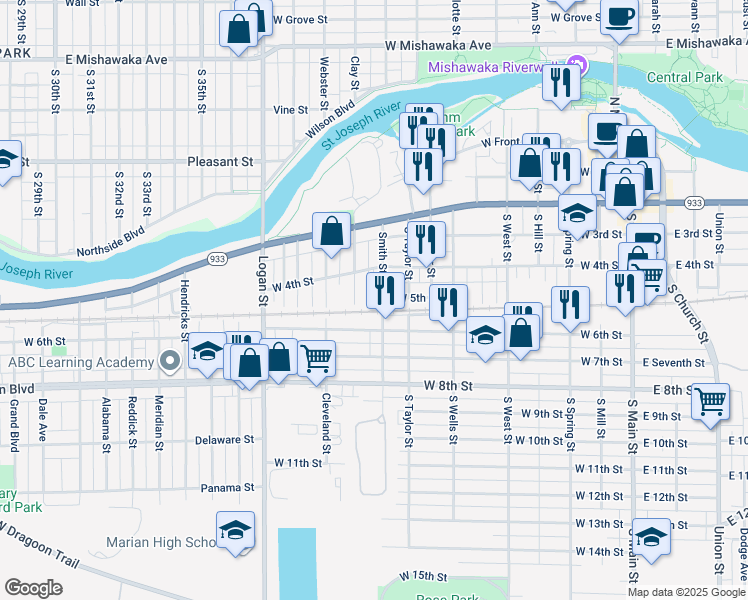 map of restaurants, bars, coffee shops, grocery stores, and more near 335 Smith Street in Mishawaka