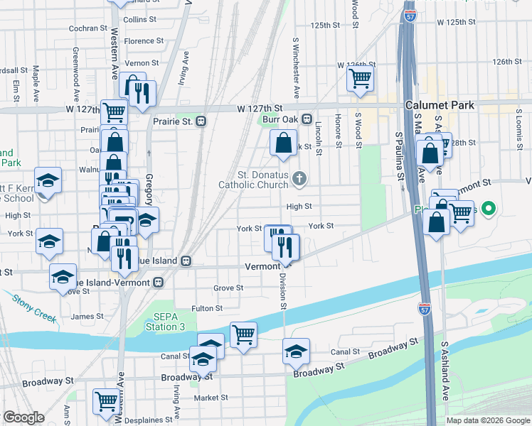map of restaurants, bars, coffee shops, grocery stores, and more near 2041 High Street in Blue Island
