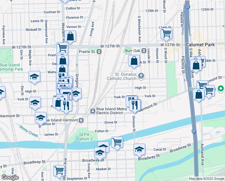 map of restaurants, bars, coffee shops, grocery stores, and more near 2107 High Street in Blue Island