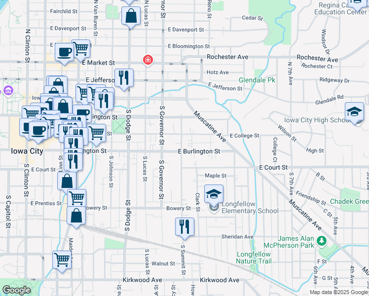 map of restaurants, bars, coffee shops, grocery stores, and more near 252 South Summit Street in Iowa City