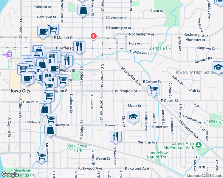 map of restaurants, bars, coffee shops, grocery stores, and more near 252 South Summit Street in Iowa City
