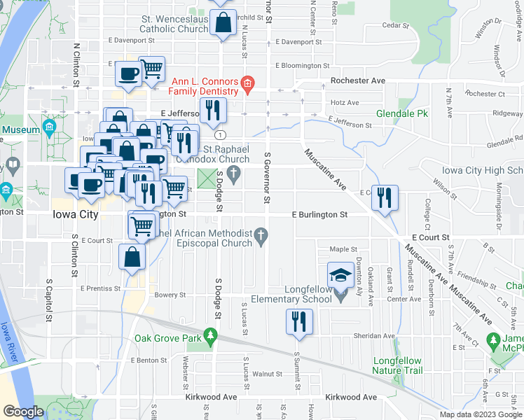 map of restaurants, bars, coffee shops, grocery stores, and more near 250 South Governor Street in Iowa City
