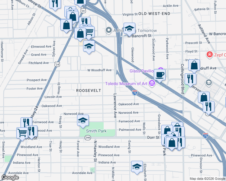 map of restaurants, bars, coffee shops, grocery stores, and more near 1817 Lawrence Avenue in Toledo