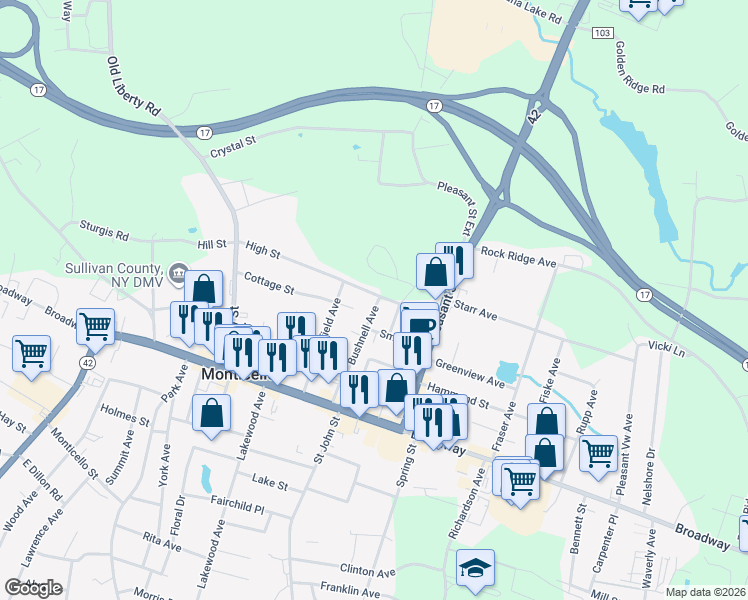 map of restaurants, bars, coffee shops, grocery stores, and more near 35 Bushnell Avenue in Monticello