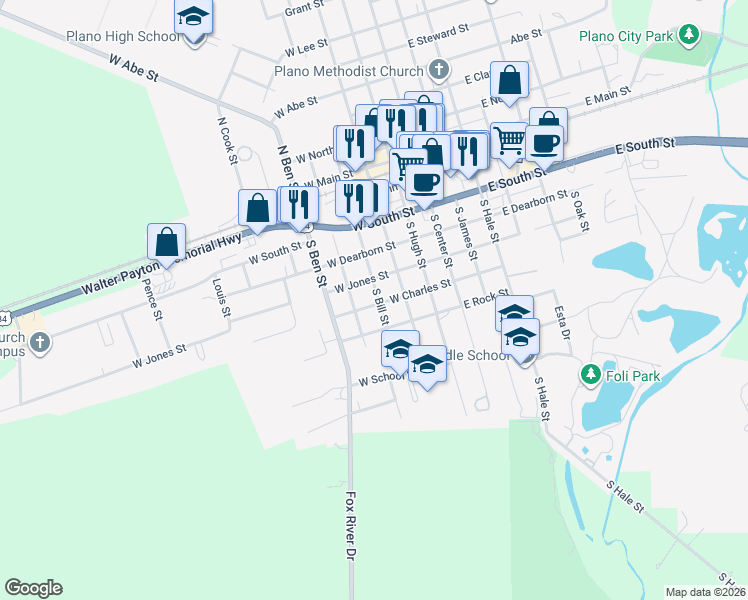 map of restaurants, bars, coffee shops, grocery stores, and more near 418 South Bill Street in Plano