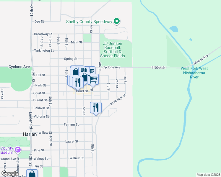 map of restaurants, bars, coffee shops, grocery stores, and more near 304 Court Street in Harlan