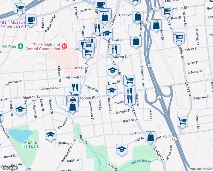 map of restaurants, bars, coffee shops, grocery stores, and more near 111 Bassett Street in New Britain