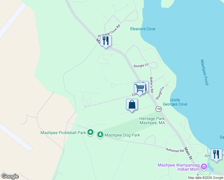 map of restaurants, bars, coffee shops, grocery stores, and more near 50 Evergreen Circle in Mashpee