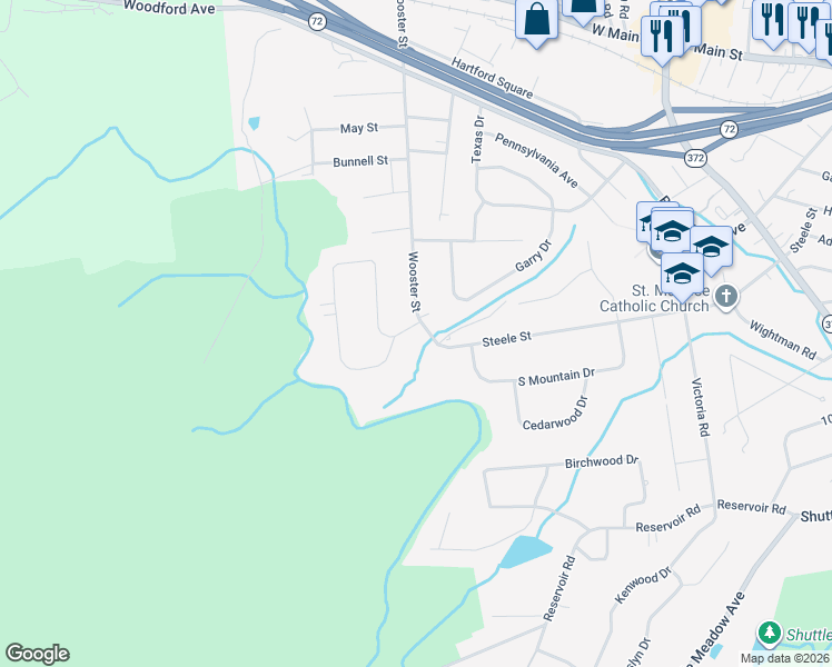 map of restaurants, bars, coffee shops, grocery stores, and more near 8 Hickory Hill Road in New Britain
