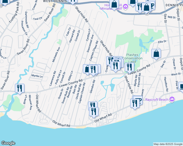 map of restaurants, bars, coffee shops, grocery stores, and more near 9 Lorree Lane in Dennis