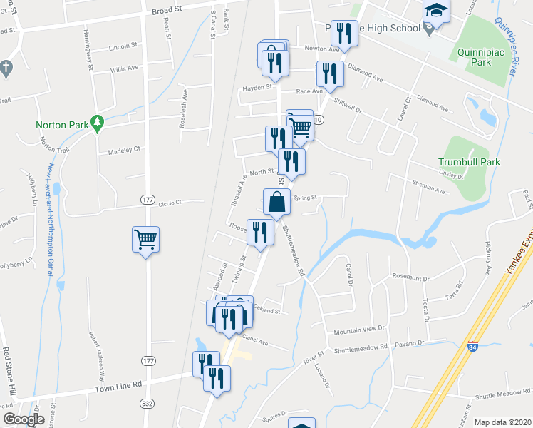 map of restaurants, bars, coffee shops, grocery stores, and more near 307 East Street in Plainville