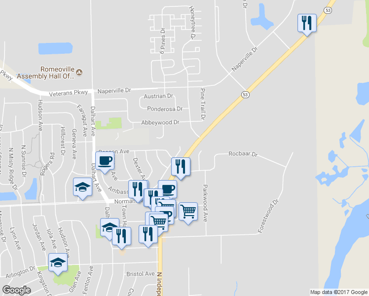map of restaurants, bars, coffee shops, grocery stores, and more near 3 Ambassador Avenue in Romeoville