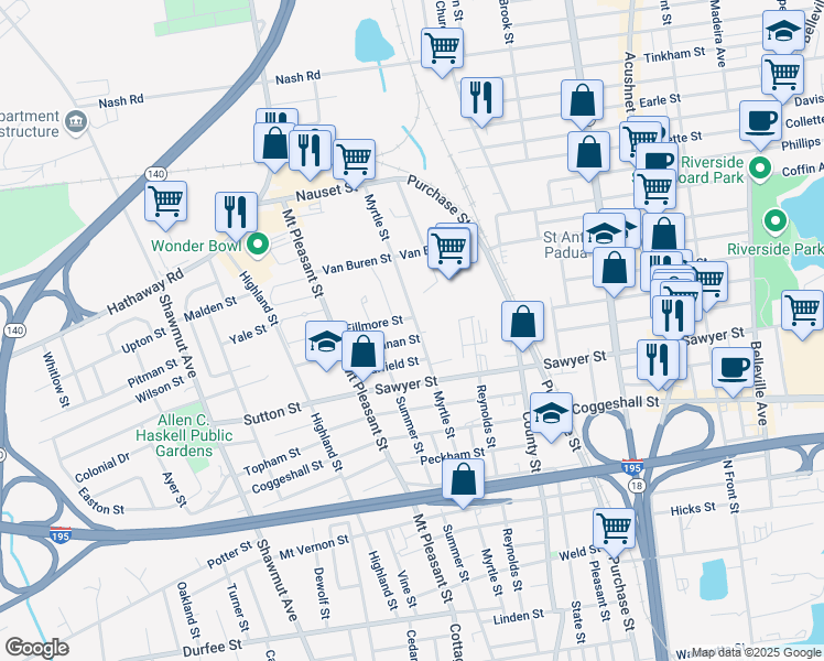 map of restaurants, bars, coffee shops, grocery stores, and more near 301 Myrtle Street in New Bedford