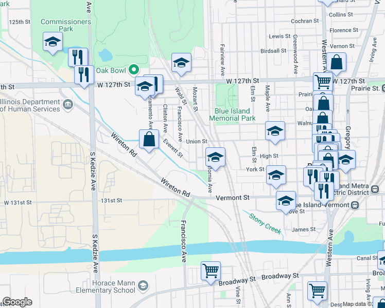 map of restaurants, bars, coffee shops, grocery stores, and more near 12928 Mozart Street in Blue Island