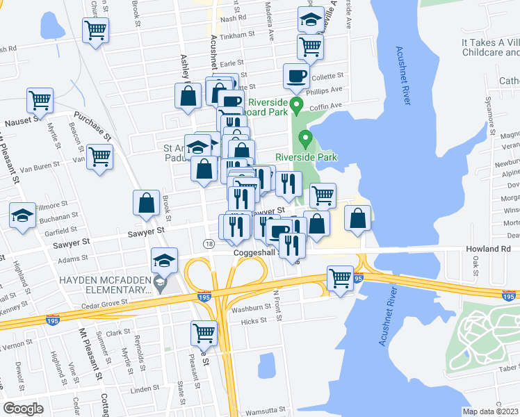map of restaurants, bars, coffee shops, grocery stores, and more near 225 Sawyer Street in New Bedford