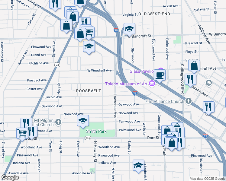 map of restaurants, bars, coffee shops, grocery stores, and more near 1817 Lawrence Ave in Toledo