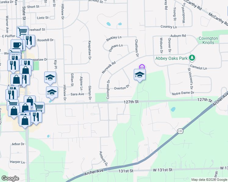 map of restaurants, bars, coffee shops, grocery stores, and more near 1381 Overton Drive in Lemont