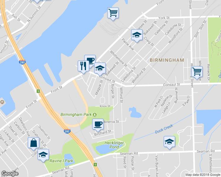 map of restaurants, bars, coffee shops, grocery stores, and more near 357 Burger Street in Toledo