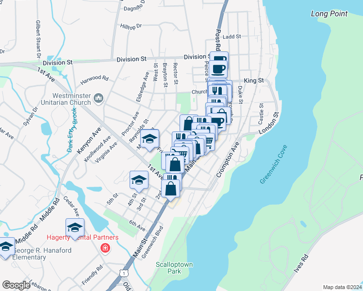 map of restaurants, bars, coffee shops, grocery stores, and more near 38 Greene Street in East Greenwich