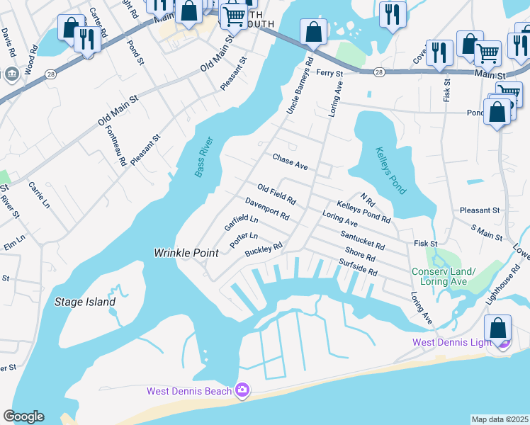 map of restaurants, bars, coffee shops, grocery stores, and more near 27 Davenport Road in Dennis