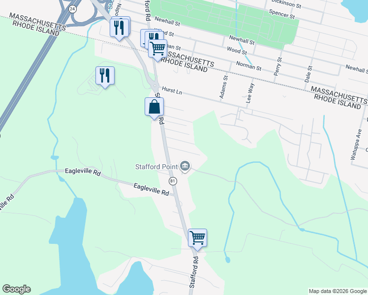 map of restaurants, bars, coffee shops, grocery stores, and more near 42 Sheldon Street in Tiverton