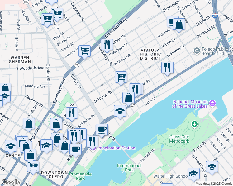 map of restaurants, bars, coffee shops, grocery stores, and more near 520 Locust Street in Toledo