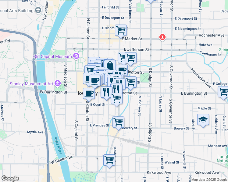 map of restaurants, bars, coffee shops, grocery stores, and more near 318 1/2 East Burlington Street in Iowa City