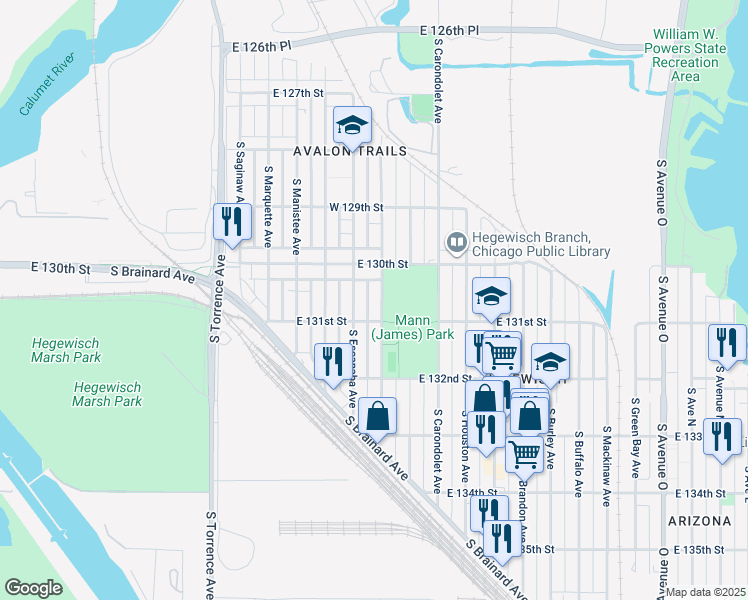 map of restaurants, bars, coffee shops, grocery stores, and more near 13036 South Exchange Avenue in Chicago
