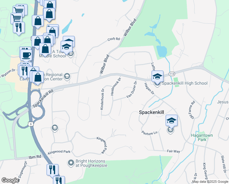 map of restaurants, bars, coffee shops, grocery stores, and more near 16 Hasbrouck Drive in Poughkeepsie