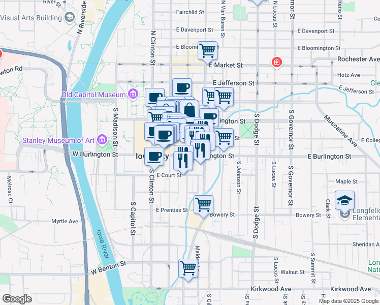 map of restaurants, bars, coffee shops, grocery stores, and more near 304 Historic US 6 in Iowa City
