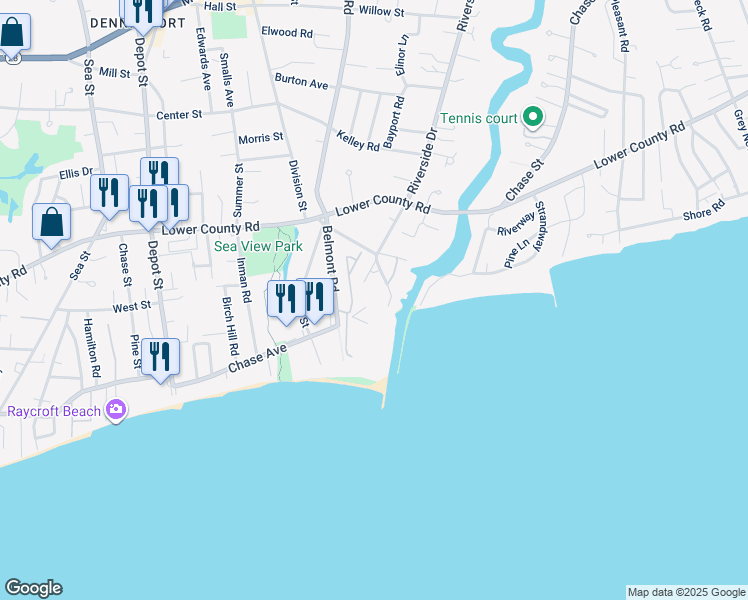 map of restaurants, bars, coffee shops, grocery stores, and more near 1 Belmont Road in Harwich