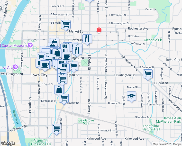 map of restaurants, bars, coffee shops, grocery stores, and more near 230 South Dodge Street in Iowa City