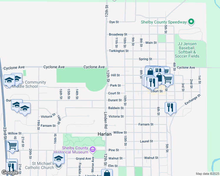 map of restaurants, bars, coffee shops, grocery stores, and more near 1111 Park St in Harlan
