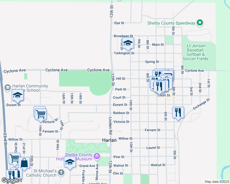 map of restaurants, bars, coffee shops, grocery stores, and more near 1111 Park St in Harlan