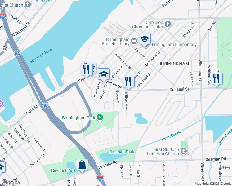 map of restaurants, bars, coffee shops, grocery stores, and more near 357 Burger Street in Toledo