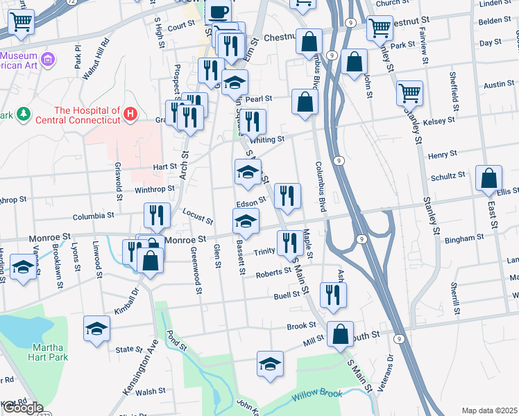 map of restaurants, bars, coffee shops, grocery stores, and more near 8 Cornelius Way in New Britain