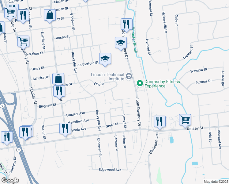map of restaurants, bars, coffee shops, grocery stores, and more near 12 Devens Street in New Britain