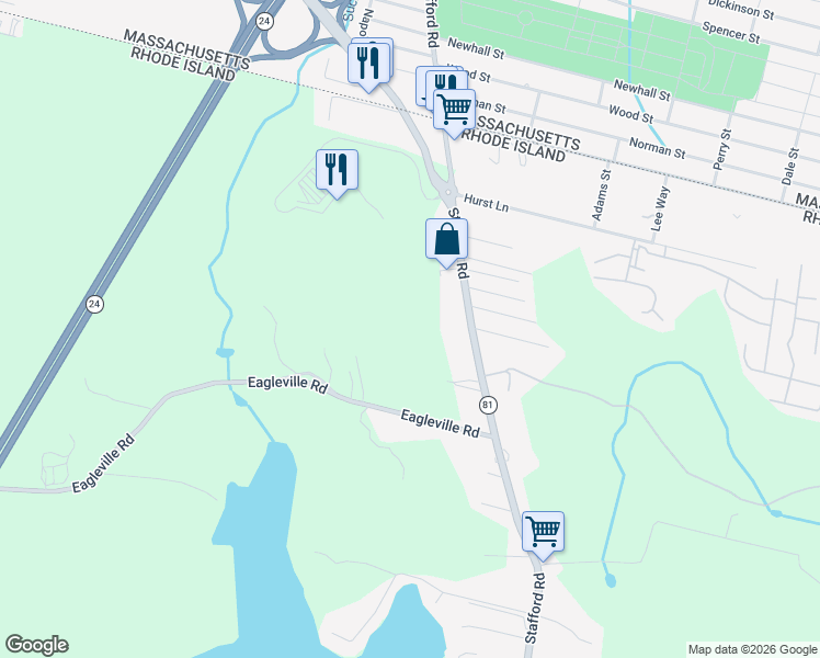 map of restaurants, bars, coffee shops, grocery stores, and more near 1712 Eagleville Road in Tiverton