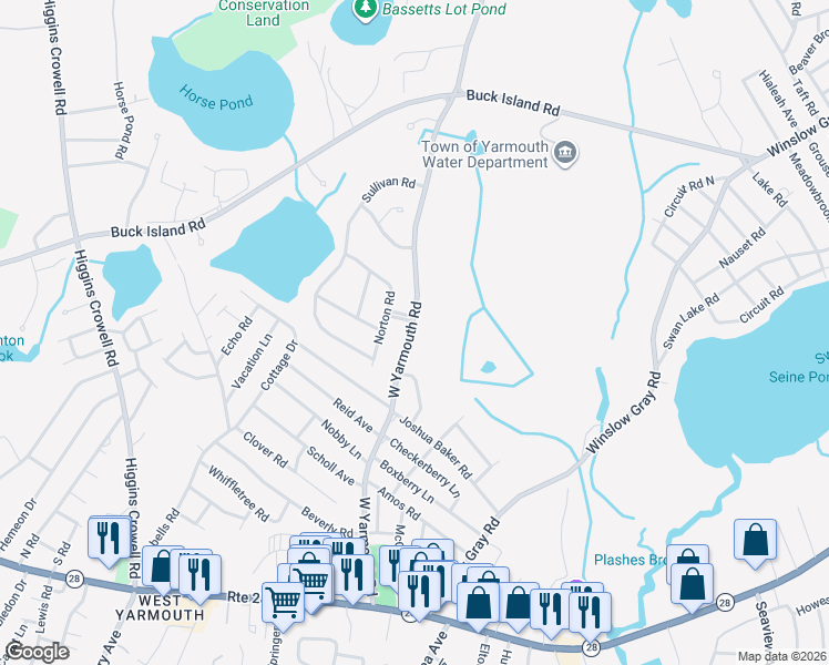map of restaurants, bars, coffee shops, grocery stores, and more near 146 West Yarmouth Road in Yarmouth