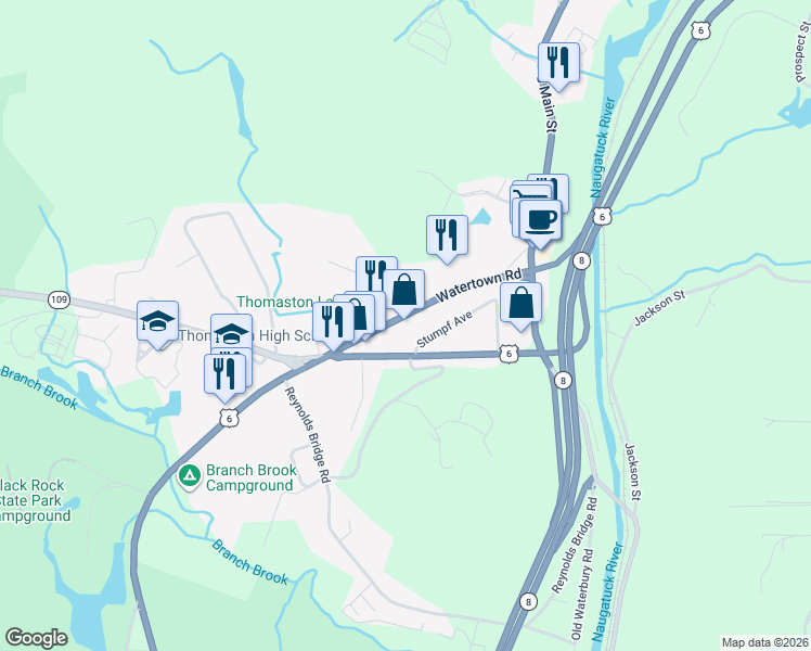 map of restaurants, bars, coffee shops, grocery stores, and more near 141 Watertown Road in Thomaston