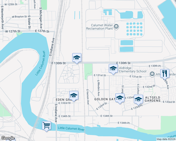 map of restaurants, bars, coffee shops, grocery stores, and more near 13000 South Eberhart Avenue in Chicago