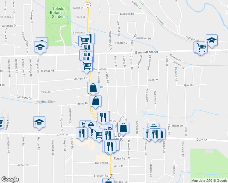 map of restaurants, bars, coffee shops, grocery stores, and more near 1841 Harlan Road in Toledo
